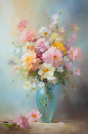 Oil painting of a vase of flowers on the table. Still life brush painting.の素材