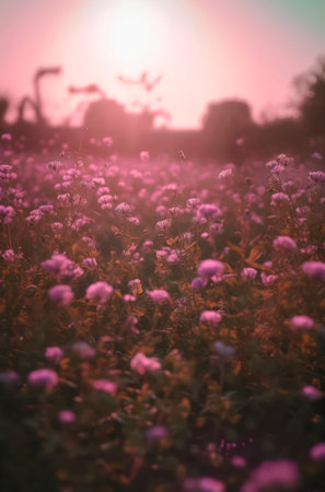 Field of flowers in the light of sunset.の素材