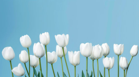 Bouquet of white tulips on pastel blue background. Horizontal background design with copy space.の素材