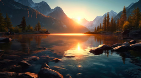 Sunset over the lake and mountains. Amazing landscape of calm beautiful nature in the light of setting sun.の素材