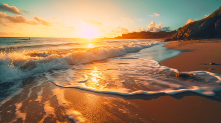 Summer landscape of ocean waves washing the sand beach during sunset.の素材