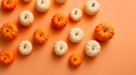Pumpkins on orange background as design for Halloween or Thanksgiving day.の素材