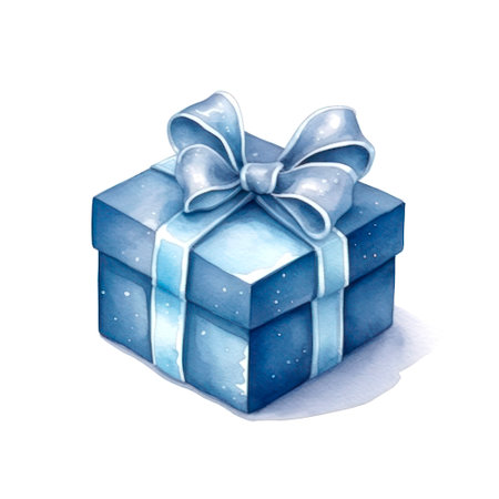 Blue gift box on white background in watercolor style.の素材