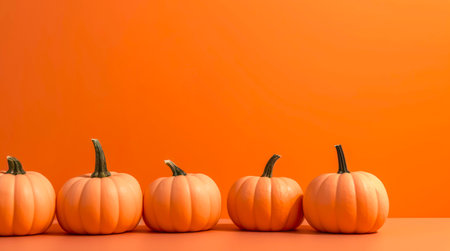 Pumpkins on orange background with copy space as design for Halloween or Thanksgiving day.の素材