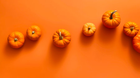 Pumpkins on orange background with copy space as design for Halloween or Thanksgiving day.の素材