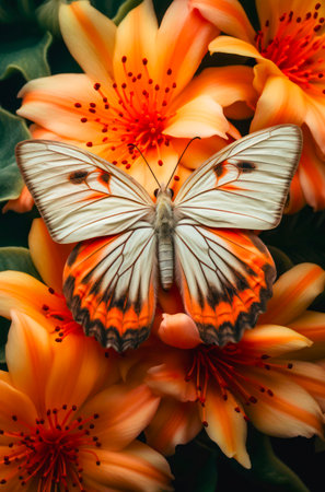 White butterfly sits on orange lily flowers.の素材