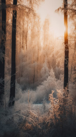 Winter forest with trees covered with hoarfrost and snow.の素材