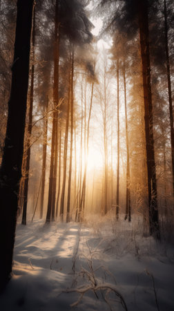 Winter forest with trees covered with hoarfrost and snow.の素材