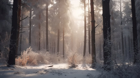 Winter forest with trees covered with hoarfrost and snow.の素材
