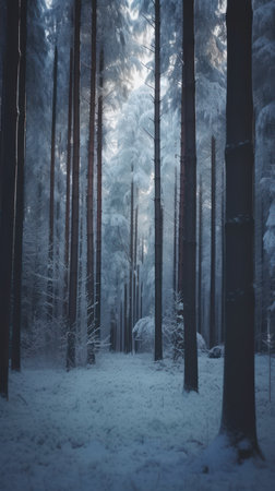 Winter forest with trees covered with hoarfrost and snow.の素材