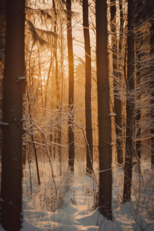 Winter forest with trees covered with hoarfrost and snow.の素材