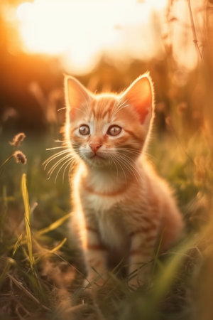 Cute orange kitten sitting in the grass at sunset. Beautiful pet.の素材