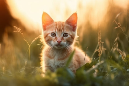 Cute orange kitten sitting in the grass at sunset. Beautiful pet.の素材
