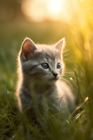 Cute gray kitten sitting in the grass at sunset. Beautiful pet.の素材