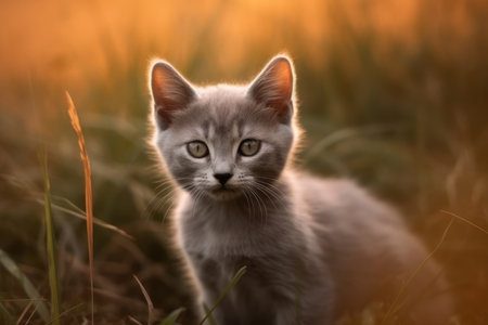 Cute gray kitten sitting in the grass at sunset. Beautiful pet.の素材