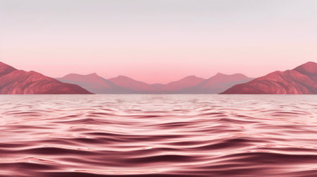 Beautiful landscape of calm sea and mountains in the light of red sunset.の素材