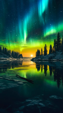 Aurora borealis over the forest and lake.の素材