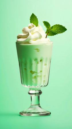 Mint milk cocktail with whipped cream on pastel green background.の素材