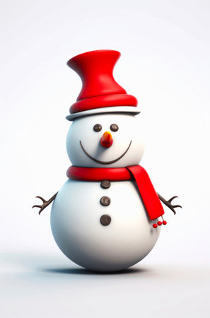 Cartoon illustration of a cute snowman with red hat and scarf on white background.の素材