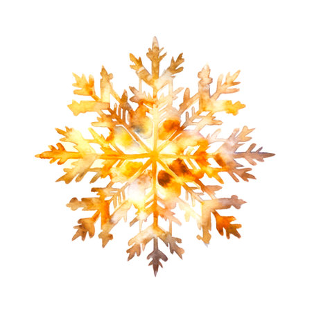 Watercolor illustration of a golden snowflake on white background.の素材