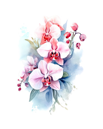 Bouquet of pink orchids on white background in watercolor style.の素材