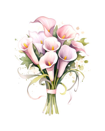 Bouquet of calla flowers tied with elegant ribbon isolated on white background in watercolor style.の素材