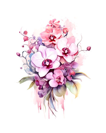 Bouquet of pink orchids on white background in watercolor style.の素材