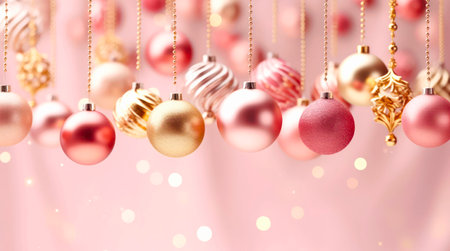 Christmas holiday banner with hanging golden festive decorations on blurred pink background.の素材