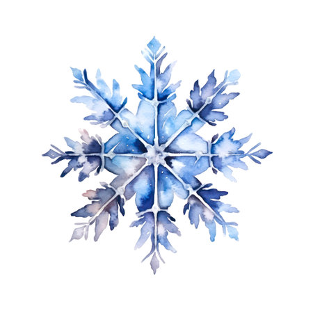 Watercolor illustration of a blue snowflake on white background.の素材