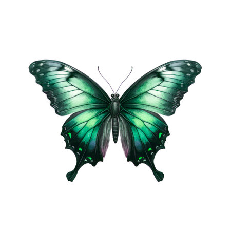 Beautiful dark green butterfly isolated on white background in watercolor style.の素材