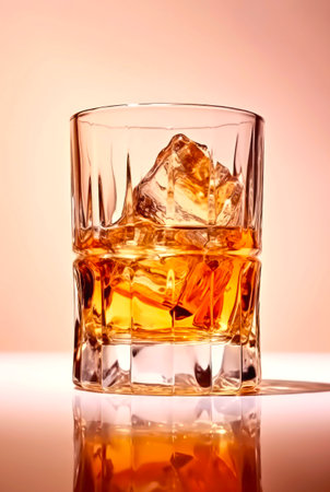 Glass of whiskey with ice cubes on cream background. Studio shot of an alcoholic cold drink (bourbon, scotch, brandy, cognac) in a glass.の素材