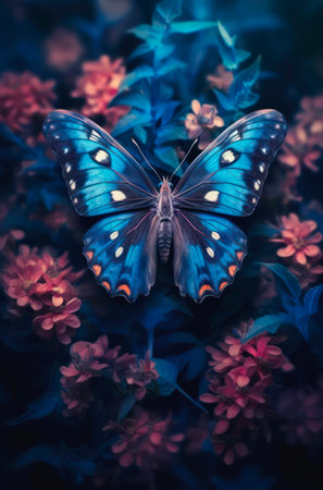 Beautiful composition with blue butterfly and bright colorful flowers.の素材