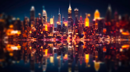 Panorama of modern city at night. Beautiful evening landscape with many skyscrapers. Abstract blurred background.の素材