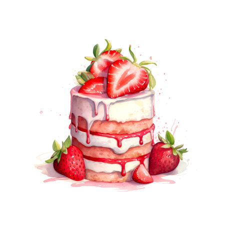 Watercolor illustration of a strawberry cake on white background.の素材