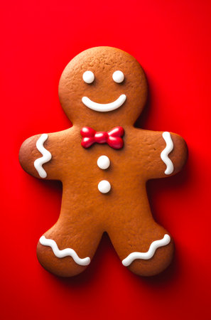 Christams gingerbread man on bright red background, top view.の素材