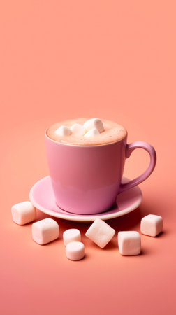 Cup of cocoa with marshmallows on light pink background. Hot chocolate in a large mug.の素材