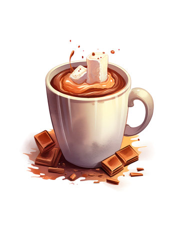 Cup of hot chocolate with marshmallow on white background in watercolor style.の素材