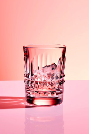 Glass of water with ice cubes on pastel pink background.の素材
