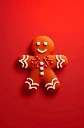 Christams gingerbread man on bright red background, top view.の素材