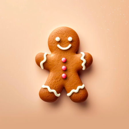Christams gingerbread man on cream background, top view.の素材