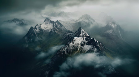 Snow-capped mountains from a bird's eye view.の素材