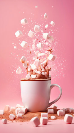Cup of splashing cocoa with marshmallows on light pink background. Hot chocolate in a white mug.の素材