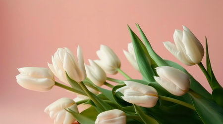 Bouquet of white tulips on pastel pink background.の素材