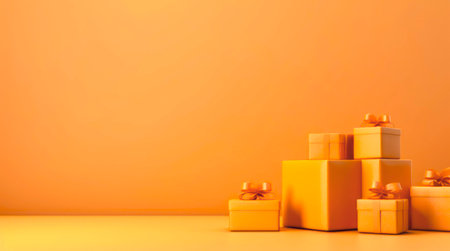 Orange gift boxes on orange background with copy space.の素材