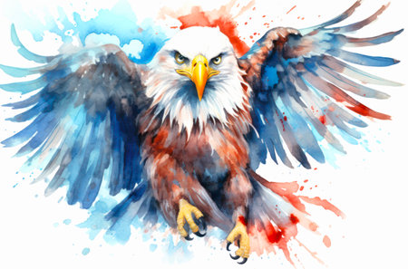 Watercolor illustration of a flying American bald eagle on white background.の素材