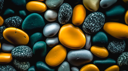Yellow, green and blue pebbles background. Smooth stones texture.の素材