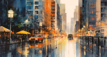 Oil painting of city street after rainy day in evening.の素材