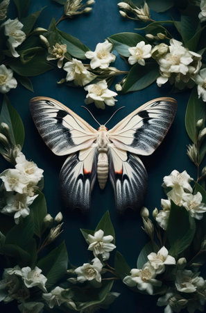 Beautiful composition with white butterfly and white flowers.の素材