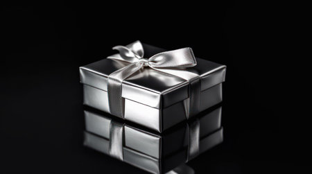 Shiny silver gift box on black background.の素材