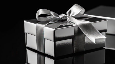 Shiny silver gift box on black background.の素材